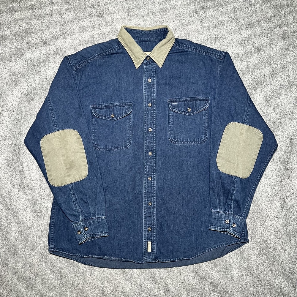 Woolrich Denim Shirt Mens XL Blue Canvas Collar Elbow Patches Outdoor Workwear‎